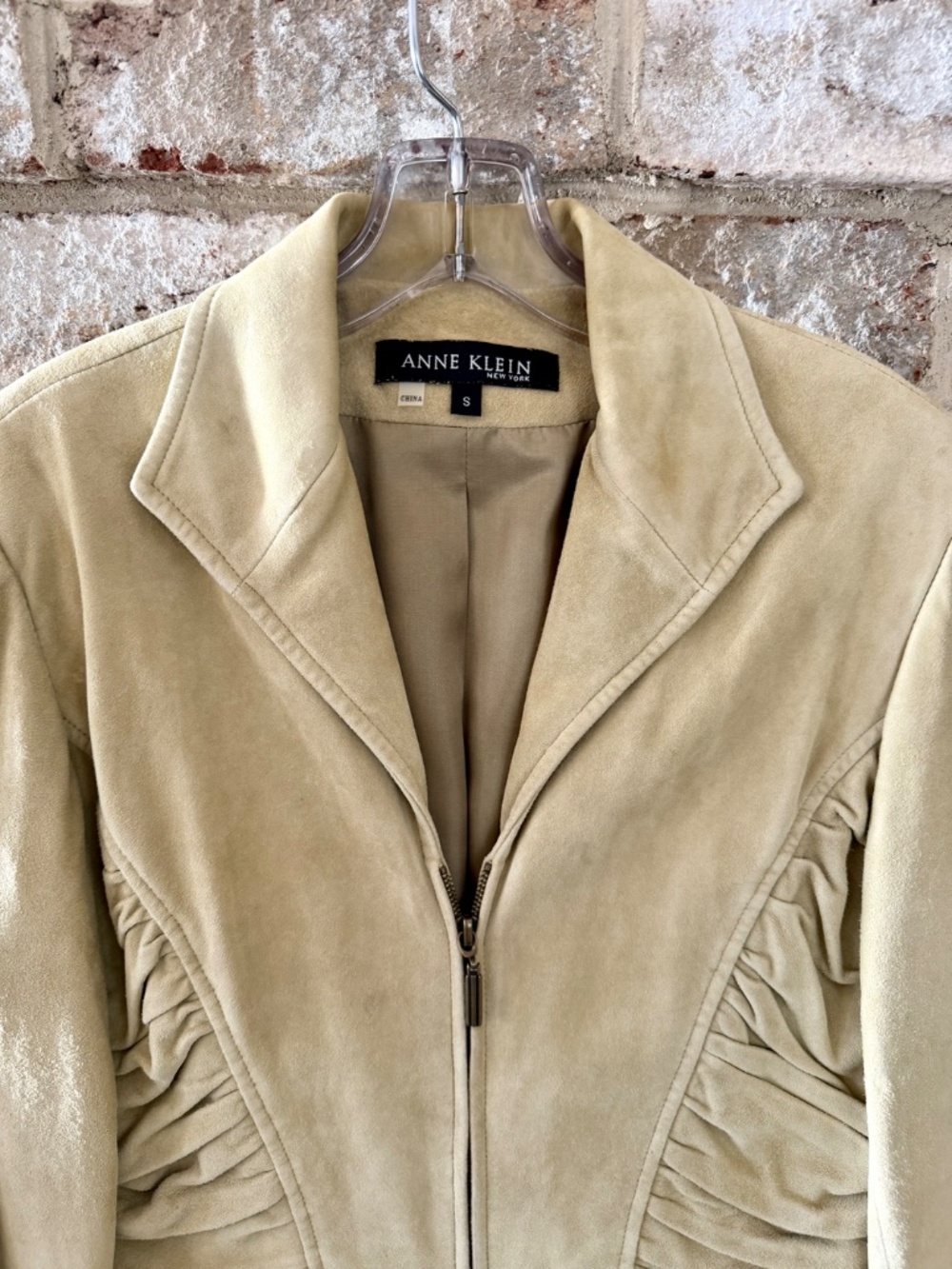 ✨ VINTAGE 90s Anne Klein NY Chartreuse Suede Ruched Zip Jacket MINT - Sz S - Picture 4 of 9